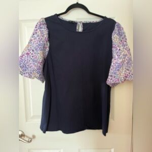 Talbots Navy Blouse with Purple Floral Sleeves